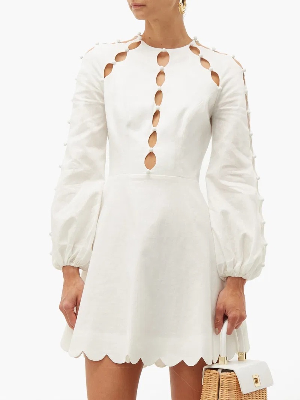 Zimmermann White Scallop-Hem Mini Dress with Keyhole Cutouts